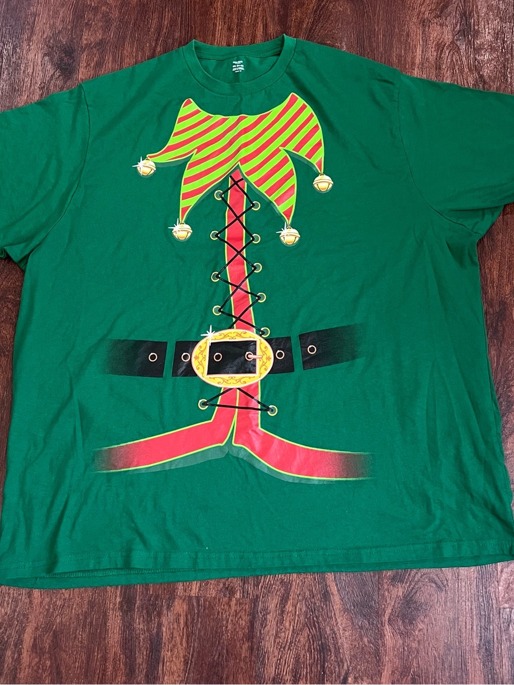 Holiday Time Green Elf Costume Graphic Tee with Red and Yellow Accents